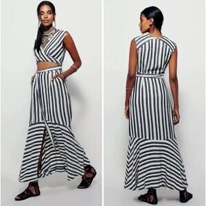 FREE PEOPLE | LA Baby Striped Wrap Cutout Midi Dress Gray White | Size 2